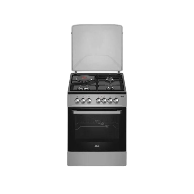 MIKA ORYX 60x60 Free Standing Cooker – 3 Gas Burners + 1 Electric Hot Plate, 4-Function Electric Oven with Rotisserie, Button Ignition, Silver Finish