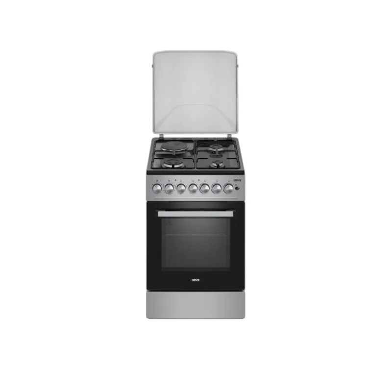 MIKA ORYX 50x60cm 3+1 Gas Burners with Electric Oven, Button Ignition, Rotisserie, Black Hob, Silver Finish